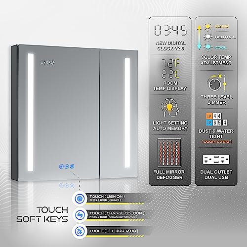 DECADOM LED Mirror Medicine Cabinet Recessed or Surface, Defogger, Dimmer, Clock, Room Temp Display, Makeup Mirror 3X, Outlets & USBs (Aura 30x30)