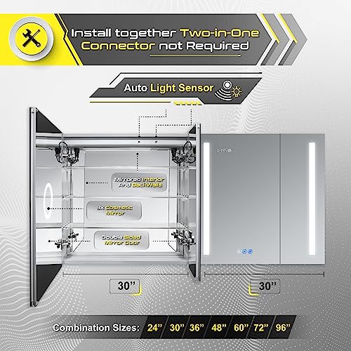 DECADOM LED Mirror Medicine Cabinet Recessed or Surface, Defogger, Dimmer, Clock, Room Temp Display, Makeup Mirror 3X, Outlets & USBs (Aura 30x30)