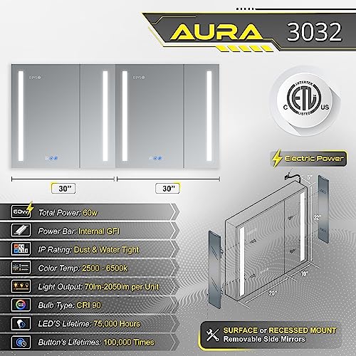 DECADOM LED Mirror Medicine Cabinet Recessed or Surface, Defogger, Dimmer, Clock, Room Temp Display, Makeup Mirror 3X, Outlets & USBs (Aura 30x30)