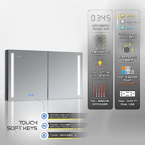 DECADOM LED Mirror Medicine Cabinet Recessed or Surface, Defogger, Dimmer, Clock, Room Temp Display, Makeup Mirror 3X, Outlets & USBs (Aura 48x30)