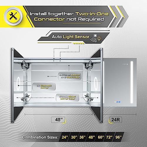 DECADOM LED Mirror Medicine Cabinet Recessed or Surface, Defogger, Dimmer, Clock, Room Temp Display, Makeup Mirror 3X, Outlets & USBs (Aura 48x30)