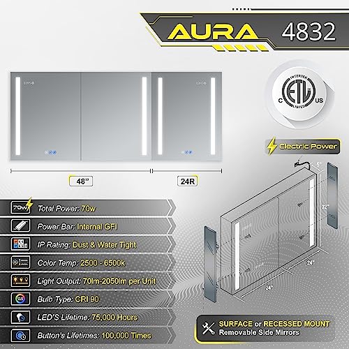 DECADOM LED Mirror Medicine Cabinet Recessed or Surface, Defogger, Dimmer, Clock, Room Temp Display, Makeup Mirror 3X, Outlets & USBs (Aura 48x30)