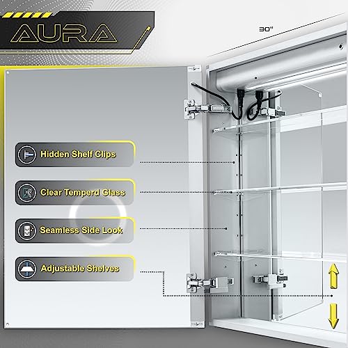 DECADOM LED Mirror Medicine Cabinet Recessed or Surface, Defogger, Dimmer, Clock, Room Temp Display, Makeup Mirror 3X, Outlets & USBs (Aura 30x30)