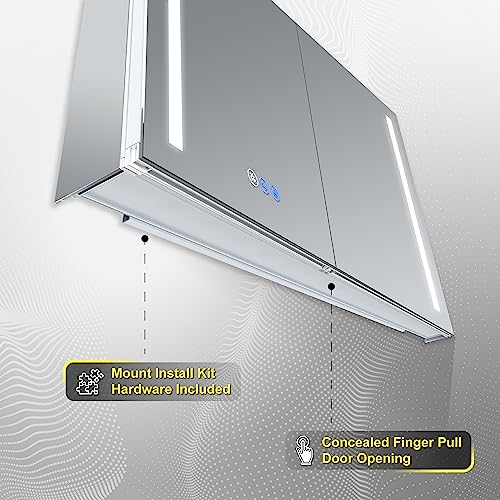 DECADOM LED Mirror Medicine Cabinet Recessed or Surface, Defogger, Dimmer, Clock, Room Temp Display, Makeup Mirror 3X, Outlets & USBs (Aura 48x30)