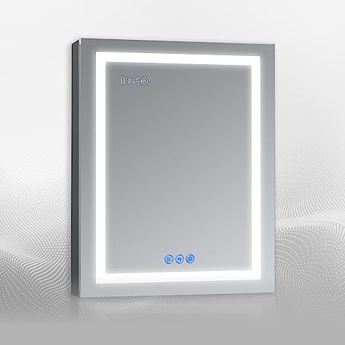DECADOM LED Mirror Medicine Cabinet Recessed or Surface, Defogger, Dimmer, Clock, Room Temp Display, Makeup Mirror 3X, Outlets & USBs (RUBiNi 24x32/L)
