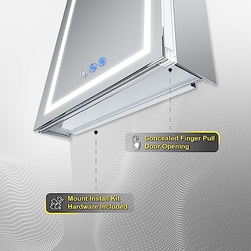 DECADOM LED Mirror Medicine Cabinet Recessed or Surface, Defogger, Dimmer, Clock, Room Temp Display, Makeup Mirror 3X, Outlets & USBs (RUBiNi 24x32/L)