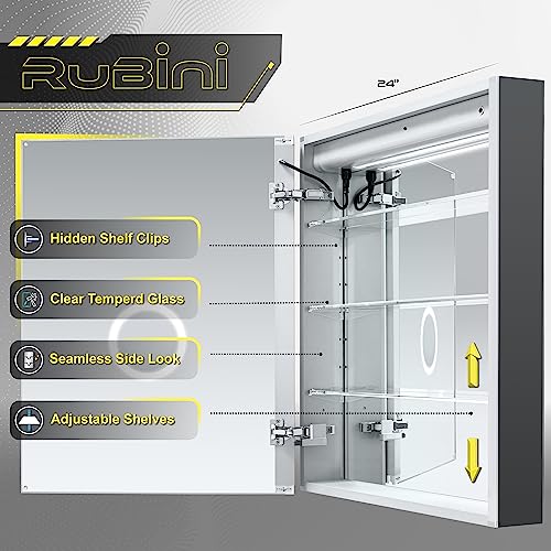 DECADOM LED Mirror Medicine Cabinet Recessed or Surface, Defogger, Dimmer, Clock, Room Temp Display, Makeup Mirror 3X, Outlets & USBs (RUBiNi 24x32/L)