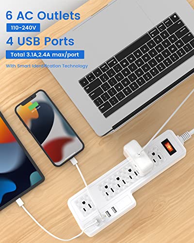 Mountable Surge Protector Power Strip JACKYLED 10ft 6 Outlets 4 USB Ports Electric Power Outlet with Right Angle Flat Plug Electric Long Extension Cord Power Charging Station for Home Office White