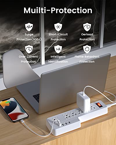 Mountable Surge Protector Power Strip JACKYLED 10ft 6 Outlets 4 USB Ports Electric Power Outlet with Right Angle Flat Plug Electric Long Extension Cord Power Charging Station for Home Office White