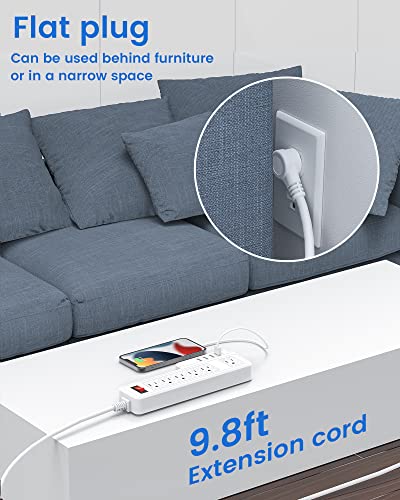 Mountable Surge Protector Power Strip JACKYLED 10ft 6 Outlets 4 USB Ports Electric Power Outlet with Right Angle Flat Plug Electric Long Extension Cord Power Charging Station for Home Office White