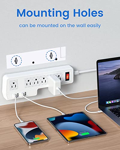 Mountable Surge Protector Power Strip JACKYLED 10ft 6 Outlets 4 USB Ports Electric Power Outlet with Right Angle Flat Plug Electric Long Extension Cord Power Charging Station for Home Office White