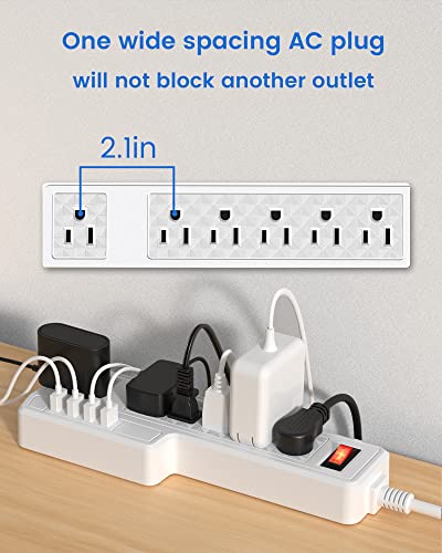 Mountable Surge Protector Power Strip JACKYLED 10ft 6 Outlets 4 USB Ports Electric Power Outlet with Right Angle Flat Plug Electric Long Extension Cord Power Charging Station for Home Office White