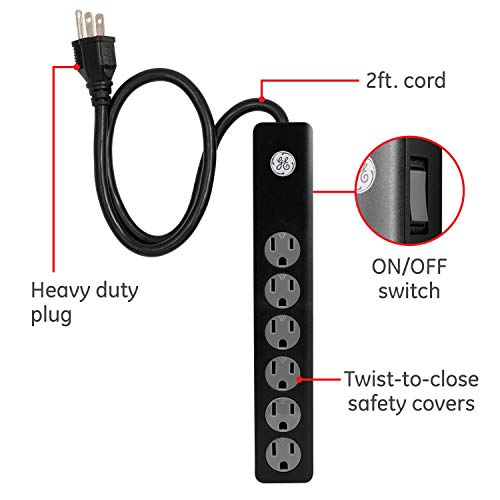 GE 6-Outlet Surge Protector, 2 Ft Extension Cord, Power Strip, 450 Joules, Heavy Duty Plug, Twist-to-Close Safety Covers, UL Listed, Black, 47223