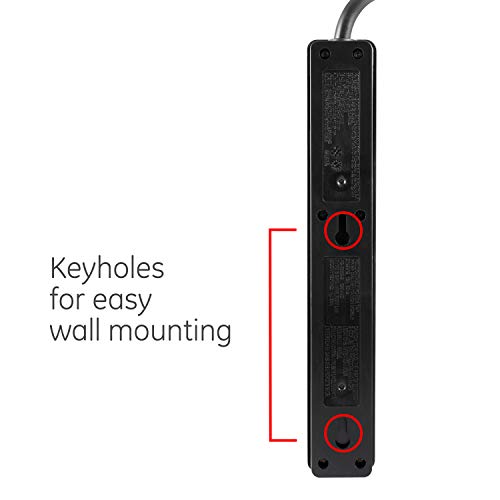 GE 6-Outlet Surge Protector, 2 Ft Extension Cord, Power Strip, 450 Joules, Heavy Duty Plug, Twist-to-Close Safety Covers, UL Listed, Black, 47223