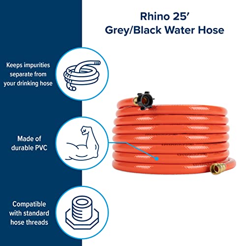 Camco Rhino 25-Foot RV Clean-Out Gray/Black Water Hose | Features a Heavy-Duty PVC Construction, a Bright Orange Color, and is Great for Cleaning Camper Black Water, Grey Water or Tote Tanks (22990)