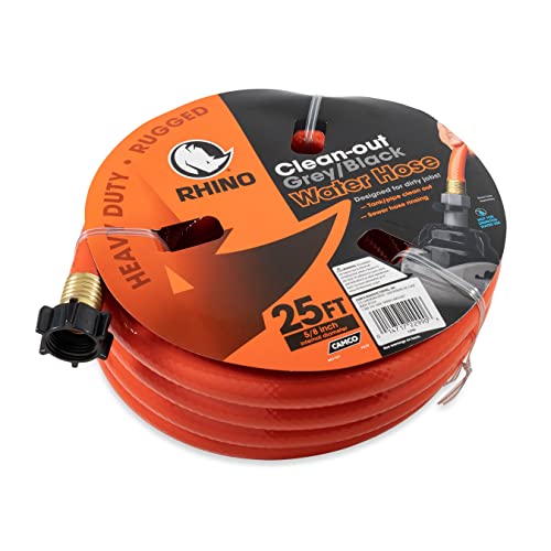Camco Rhino 25-Foot RV Clean-Out Gray/Black Water Hose | Features a Heavy-Duty PVC Construction, a Bright Orange Color, and is Great for Cleaning Camper Black Water, Grey Water or Tote Tanks (22990)