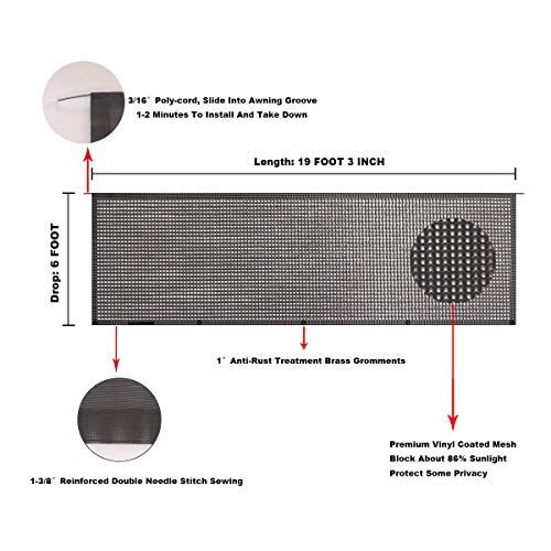 Tentproinc RV Awning Sun Shade Screen 6' X 19' 3'' - Brown Mesh Sunshade UV Sunshine Blocker Complete Kits Motorhome Camping Trailer Canopy Shelter Blocker - 3 Years Limited Warranty