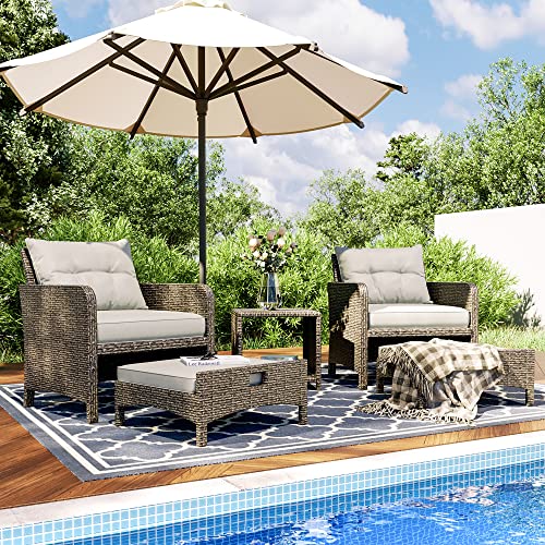 Pamapic 5 Pieces Wicker Patio Furniture Set Outdoor Patio Chairs with Ottomans Conversation Furniture with coffetable for Poorside Garden Balcony(Grey Cushion +Grey Rattan)