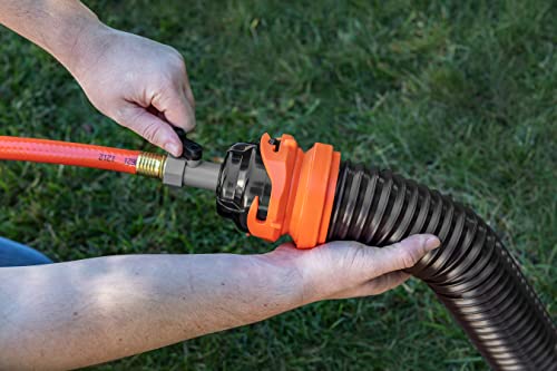 Camco RhinoFlex 10-Foot RV Clean-Out Gray/Black Water Hose with Rinser Cap | Features a 4-Way Water Pressure Blaster, Water Shut-off Valve, and is Great for Cleaning Camper Black Water Tanks (22999)