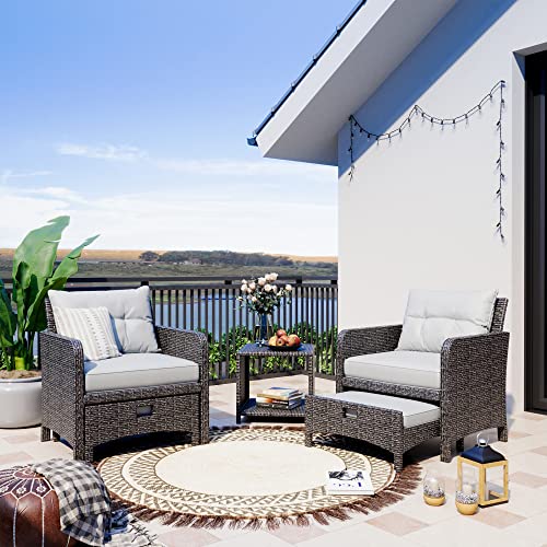 Pamapic 5 Pieces Wicker Patio Furniture Set Outdoor Patio Chairs with Ottomans Conversation Furniture with coffetable for Poorside Garden Balcony(Grey Cushion +Grey Rattan)