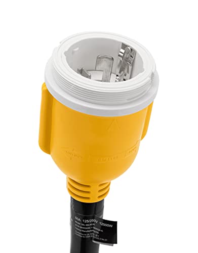 Camco 55572 18" 50 AMP Locking Male/50 AMP Locking 90 Degree Female PowerGrip Dogbone Electrical Adapter