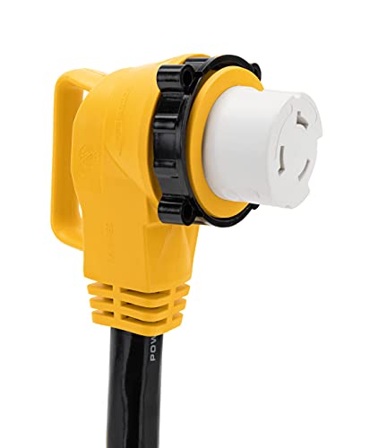 Camco 55572 18" 50 AMP Locking Male/50 AMP Locking 90 Degree Female PowerGrip Dogbone Electrical Adapter