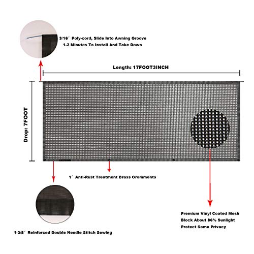 Tentproinc RV Awning Sun Shade 7' X 17' 3'' Black Mesh Screen UV Sunshade Block Complete Kits Motorhome Camping Trailer SunBlocker Tarp Canopy Shelter - 3 Years Limited Warranty