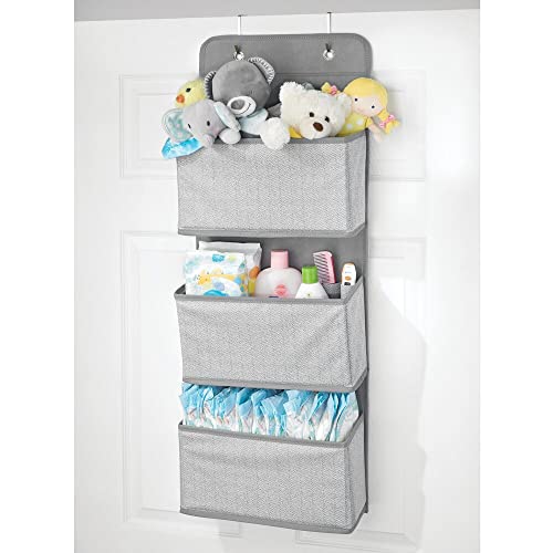 mDesign Fabric Baby Nursery Hanging Organizers for Over the Door Storage for Kids - 3 Pocket Organizer Caddy with Hooks for Clothing, School, Diaper, Toy, and Outfit Storage - Gray Herringbone