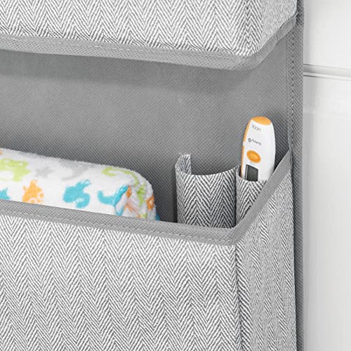 mDesign Fabric Baby Nursery Hanging Organizers for Over the Door Storage for Kids - 3 Pocket Organizer Caddy with Hooks for Clothing, School, Diaper, Toy, and Outfit Storage - Gray Herringbone