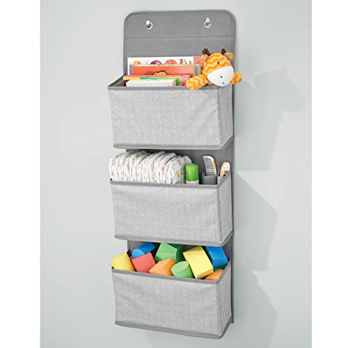 mDesign Fabric Baby Nursery Hanging Organizers for Over the Door Storage for Kids - 3 Pocket Organizer Caddy with Hooks for Clothing, School, Diaper, Toy, and Outfit Storage - Gray Herringbone
