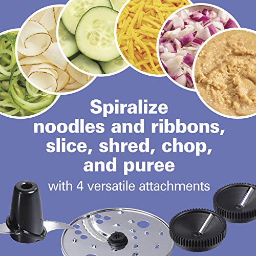 Hamilton Beach Food Processor & Vegetable Chopper for Slicing, Shredding, Mincing, and Puree, 10 Cups + Veggie Spiralizer makes Zoodles and Ribbons, Stainless Steel (70735)