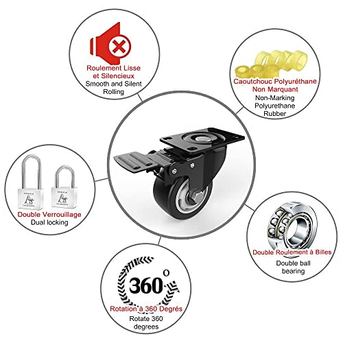 3" Swivel Caster Wheels with Safety Dual Locking and Polyurethane Foam No Noise Wheels, Heavy Duty - 250 Lbs Per Caster (Pack of 4)