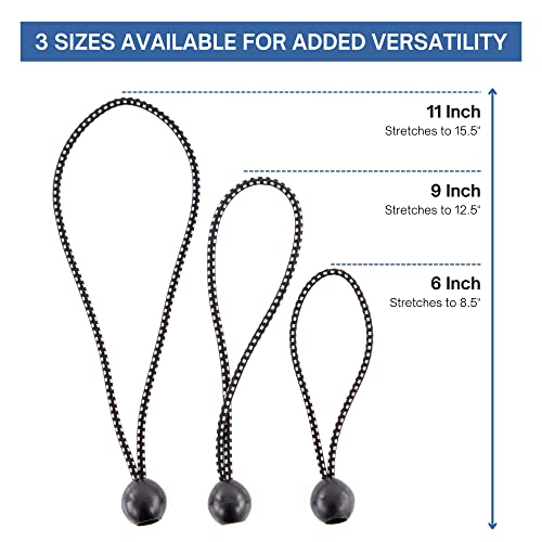 Kotap BB-9B Ball Bungee Cord, Heavy-Duty & Versatile, Indoor & Outdoor, Tarp Tie-Down, Organize & Secure, 9 Inch, Black, 25 Pack