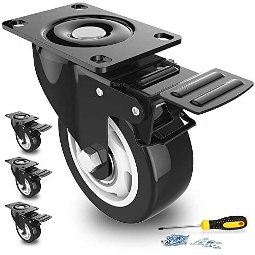3" Swivel Caster Wheels with Safety Dual Locking and Polyurethane Foam No Noise Wheels, Heavy Duty - 250 Lbs Per Caster (Pack of 4)