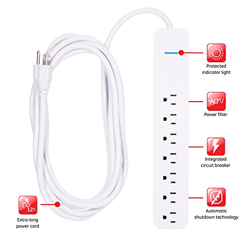 GE Pro 7-Outlet Surge Protector, 12 Ft Extension Cord, 1080 Joules, Power Strip, Flat Plug, Protected Indicator Light, Integrated Circuit Breaker, Wall Mount, UL Listed, White, 36360