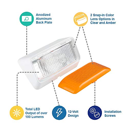 Lumitronics RV 12V LED Outdoor Exterior Porch Light Utility Lighting Fixture - Clear & Amber Lenses Used for Camper Lights (White)