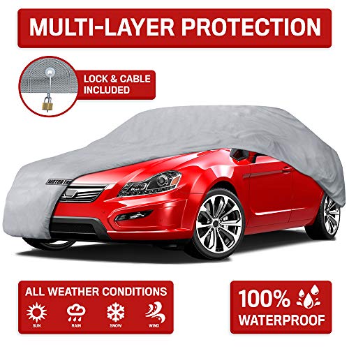 Motor Trend 4-Layer 4-Season Waterproof Car Cover All Weather Water-proof Outdoor UV Protection for Heavy Duty Use Full Cover for Cars Up to 157"