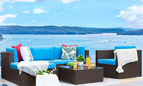 Flamaker 6 Pieces Patio Furniture Set Outdoor Sectional Sofa Outdoor Furniture Set Patio Sofa Set Conversation Set with Cushion and Table (Blue)