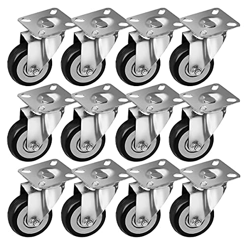 12 Pack Caster Wheels Swivel Plate Casters On Black Polyurethane 2" Wheels