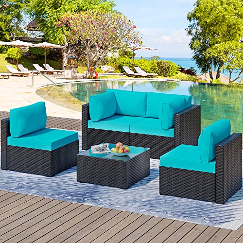 Walsunny 5 Pieces Outdoor Patio Furniture Set, All-Weather Rattan Patio Sectional Sofa Wicker Conversation Set with Glass Table and Cushions(Blue)