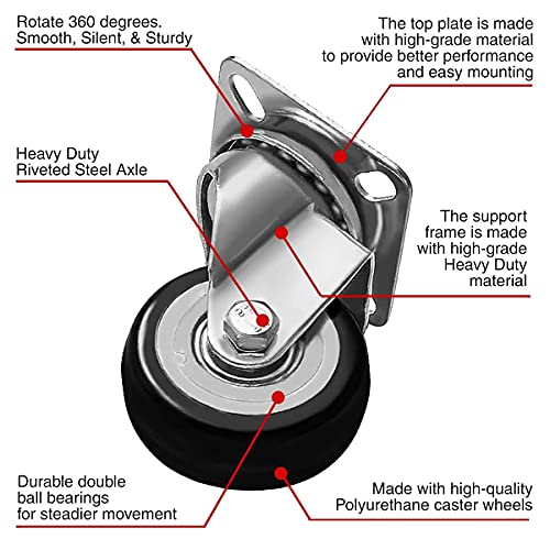 12 Pack Caster Wheels Swivel Plate Casters On Black Polyurethane 2" Wheels