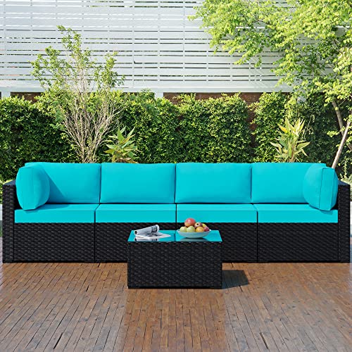 Walsunny 5 Pieces Outdoor Patio Furniture Set, All-Weather Rattan Patio Sectional Sofa Wicker Conversation Set with Glass Table and Cushions(Blue)