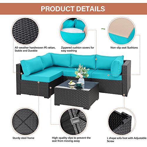 Walsunny 5 Pieces Outdoor Patio Furniture Set, All-Weather Rattan Patio Sectional Sofa Wicker Conversation Set with Glass Table and Cushions(Blue)