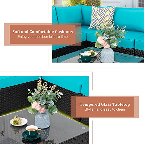 Walsunny 5 Pieces Outdoor Patio Furniture Set, All-Weather Rattan Patio Sectional Sofa Wicker Conversation Set with Glass Table and Cushions(Blue)