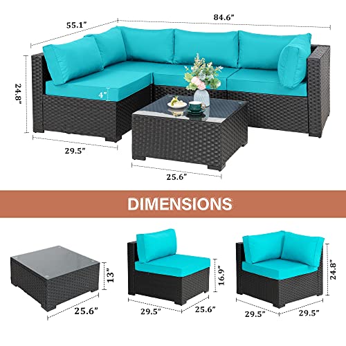 Walsunny 5 Pieces Outdoor Patio Furniture Set, All-Weather Rattan Patio Sectional Sofa Wicker Conversation Set with Glass Table and Cushions(Blue)