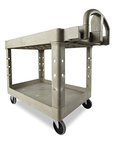 Rubbermaid Commercial Products - FG4520088BEIG 2-Shelf Utility/Service Cart, Medium, Lipped Shelves, Ergonomic Handle, Beige Color, 500 lbs. Capacity, for Warehouse/Garage/Cleaning/Manufacturing (FG452088BEIG)
