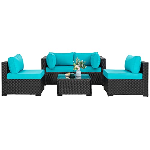 Walsunny 5 Pieces Outdoor Patio Furniture Set, All-Weather Rattan Patio Sectional Sofa Wicker Conversation Set with Glass Table and Cushions(Blue)