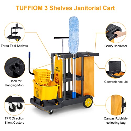 TUFFIOM Commercial Traditional Cleaning Janitorial 3-Shelf Cart, 500 Lbs Capacity Housekeeping Cart, 42.5"L x 18.7"W x 37.6"H , Wheeled with 22 Gallon Zippered Yellow VinylBag and Cover w Lid , Black