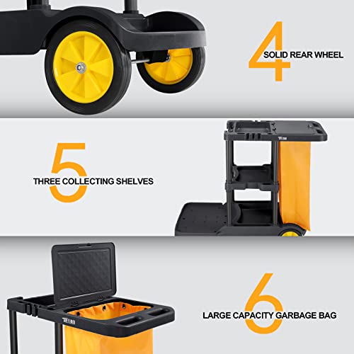 TUFFIOM Commercial Traditional Cleaning Janitorial 3-Shelf Cart, 500 Lbs Capacity Housekeeping Cart, 42.5"L x 18.7"W x 37.6"H , Wheeled with 22 Gallon Zippered Yellow VinylBag and Cover w Lid , Black