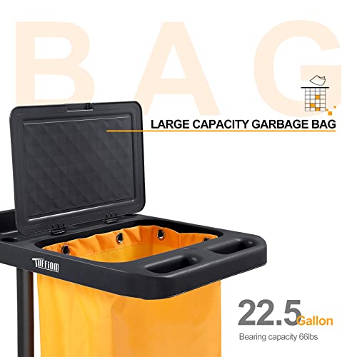 TUFFIOM Commercial Traditional Cleaning Janitorial 3-Shelf Cart, 500 Lbs Capacity Housekeeping Cart, 42.5"L x 18.7"W x 37.6"H , Wheeled with 22 Gallon Zippered Yellow VinylBag and Cover w Lid , Black